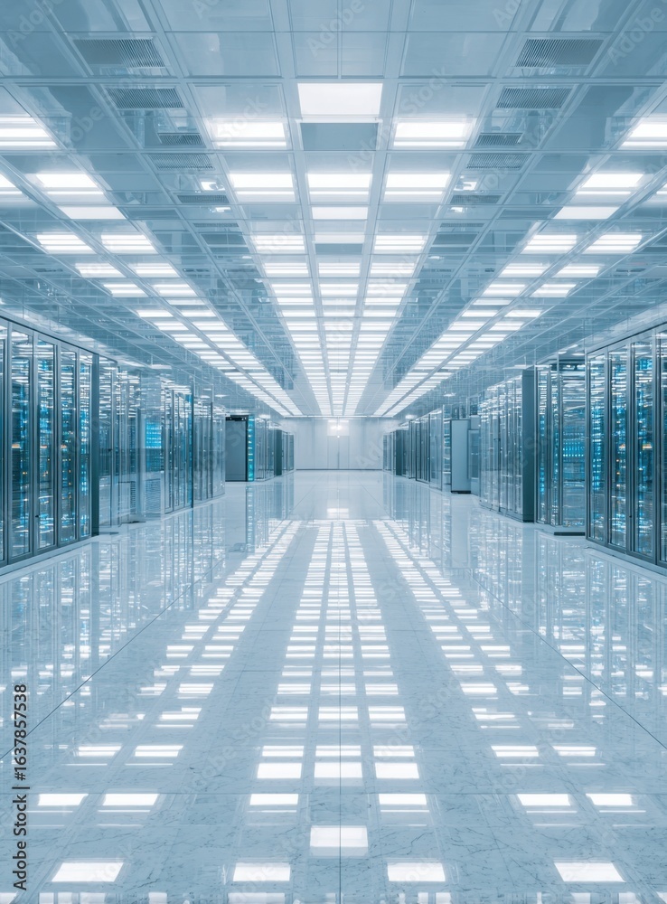 Obraz premium A modern data center hallway showcases rows of server racks illuminated by bright overhead lighting reflecting on the clean floor.
