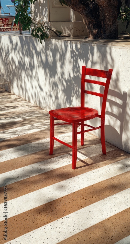 Fototapeta premium Red chair on a striped patio, sunlit shadows
