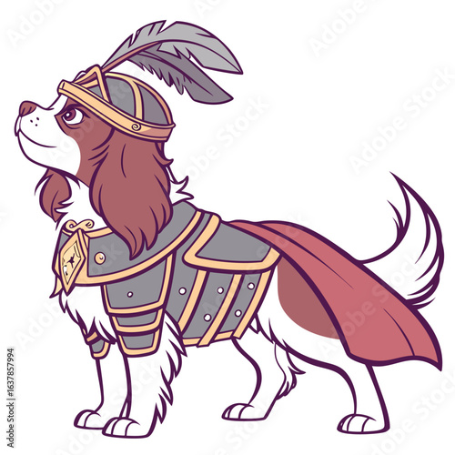 Adorable cavalier spaniel dog dressed as a medieval knight with plume
