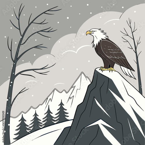 Bald Eagle Perched on a Snowy Mountain Top in a Winter Scene