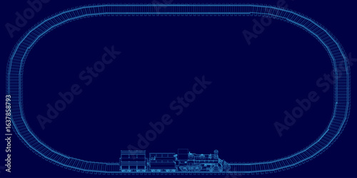 A blueprint of a toy train track features intricate curved rails and wireframe design on a vibrant blue background. The white lines contrast sharply with the blue, creating a visually striking layout.