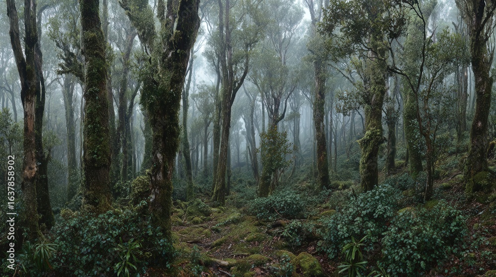 Obraz premium Misty Forest Path With Glittering Snow