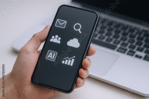 Wallpaper Mural Smartphone Displaying Connectivity Icons in Hand with Laptop Background for Business Communication and Technology Concepts Torontodigital.ca