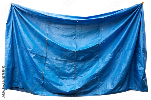 wrinkled blue tarp hanging on white background PNG.AI Generated