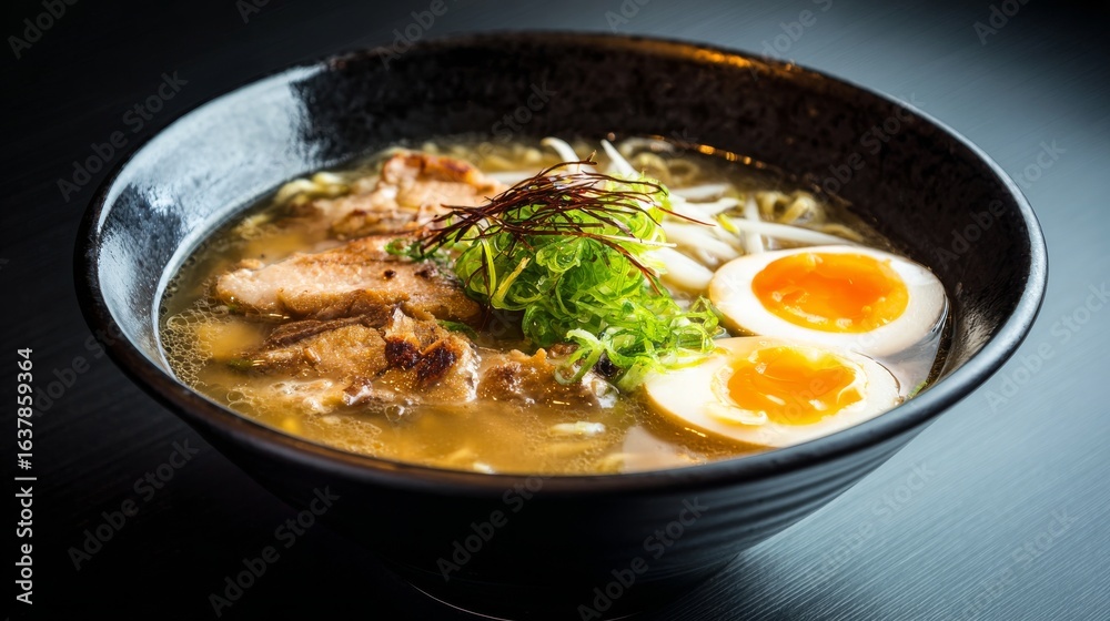 A bowl of ramen with rich broth, topped with pork slices, green bell pepper, bean sprouts, scallions, A bowl of ramen with rich broth, topped with pork slices, green bell pepper, bean sprouts, scallions,