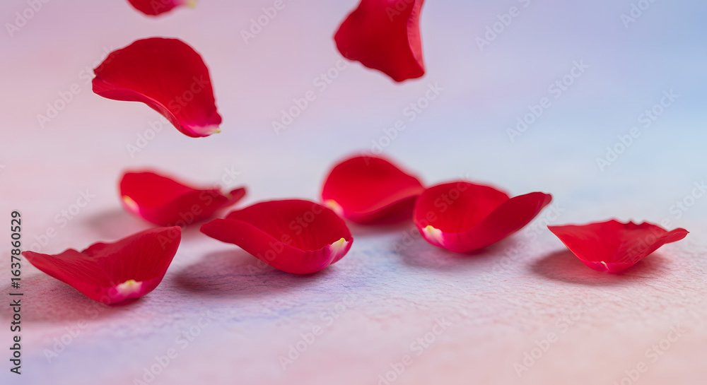 Fototapeta premium Delicate crimson rose petals dancing on the pastel backdrop showcasing the romance