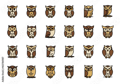 Grid of twentyfour cartoonish brown and tan owls suitable for childrens educational materials or naturethemed designs. Perfect for kids books illustrations and educational resources.