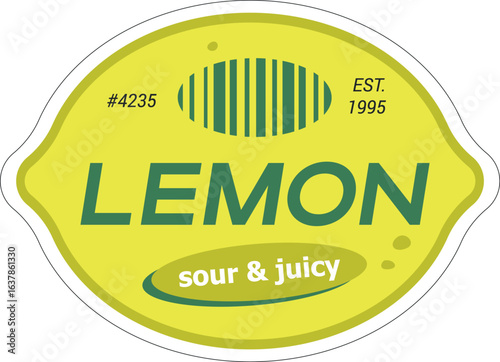 Lemon Produce Adhesive Label with Barcode. Advertising Vector Tag with White Borders Isolated