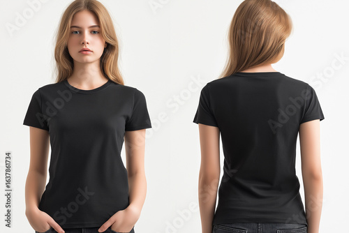 Front and back view of a black t-shirt mockup