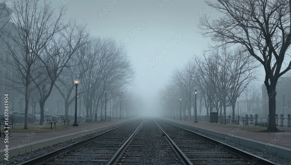 Fototapeta premium Foggy, empty train tracks lined with bare trees