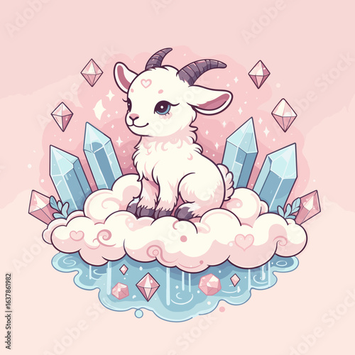 Capricorn zodiac sign goat sitting on fluffy clouds surrounded by crystals and diamonds in a pastel setting 