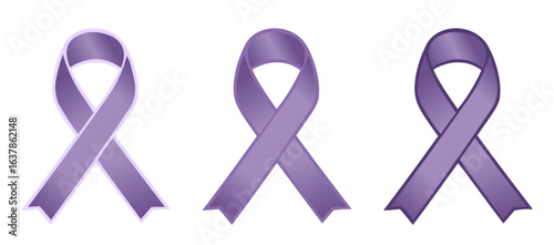 Set of three lavander color awareness ribbons representing general cancer awareness, epilepsy, 	craniosynostosis and Rett syndrome campaigns and events, flat vector on transparent background