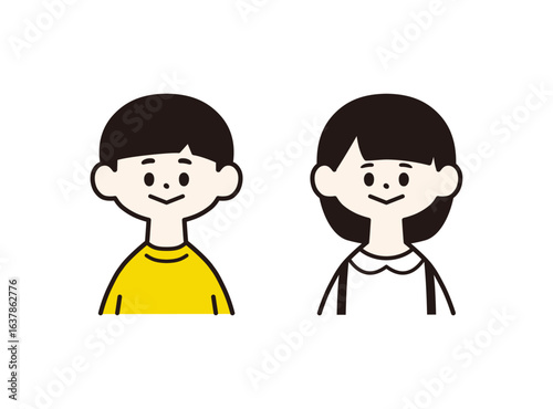 小学生の男の子と女の子　正面上半身　シンプルでフラットなイラスト
