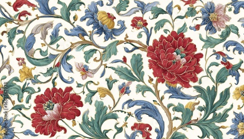 Elegant Traditional Italian Floral Pattern: Red, Blue, Green & Yellow Botanical Motifs with Swirls on White - Roman Mosaic Inspired Wallpaper Design