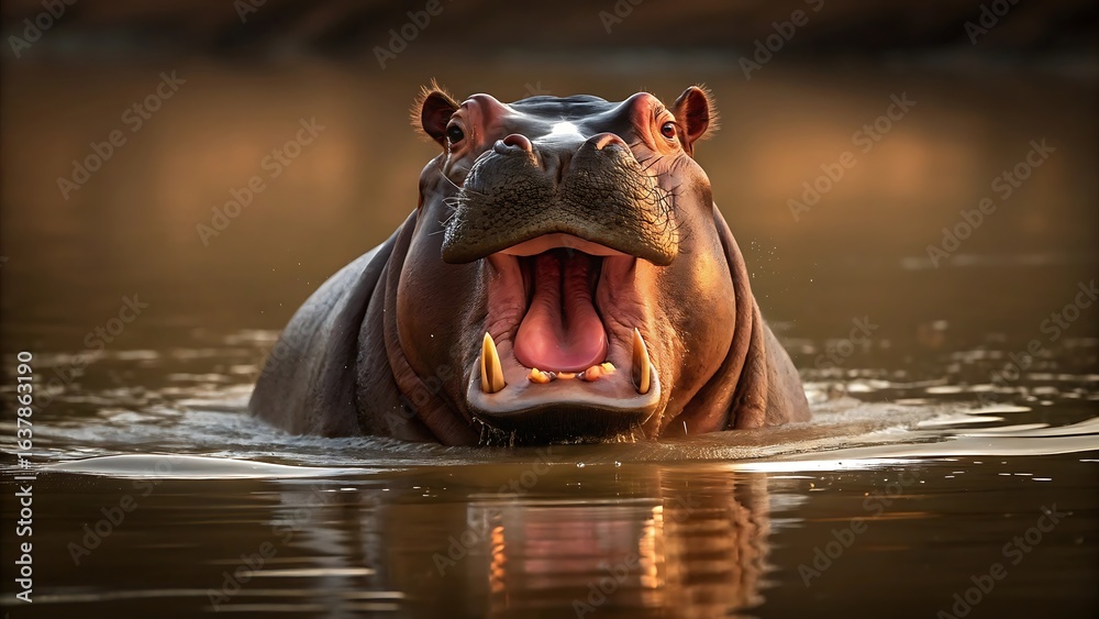 Fototapeta premium Aggressive hippopotamus opens wide mouth in water