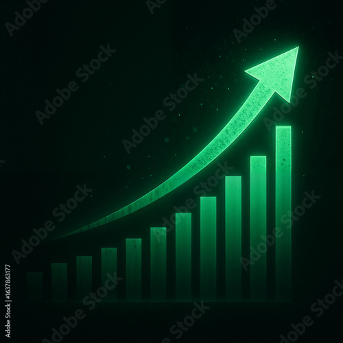 Green Bar Graph with Upward Arrow     Financial and Statistical Growth Concept
