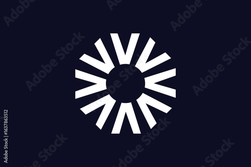 Abstract Modern Sunburst Logo Design: Initial letter V logo concept, Minimalist White on Navy Blue Background