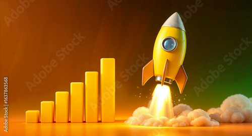 3D Cartoon Rocket Launch with Ascending Bar Graph – Symbol of Growth and Success