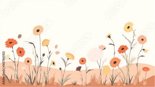 Colorful Flowers in Soft Pastel Colors. Illustration of a Serene Meadow with Colorful Flowers.