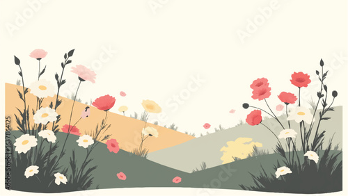 Colorful Flowers in Soft Pastel Colors. Illustration of a Serene Meadow with Colorful Flowers.