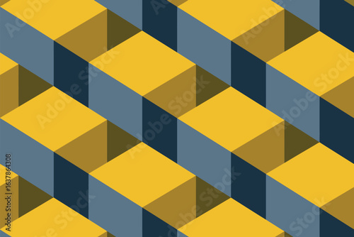 A repeating pattern of yellow cubes and blue rectangular prisms in an isometric perspective view