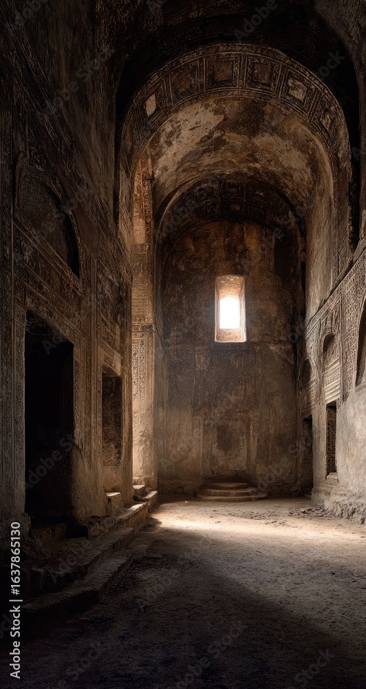 Fototapeta premium Interior of a crumbling church. Sunlight streams through a small window, illuminating a dusty, arched hallway