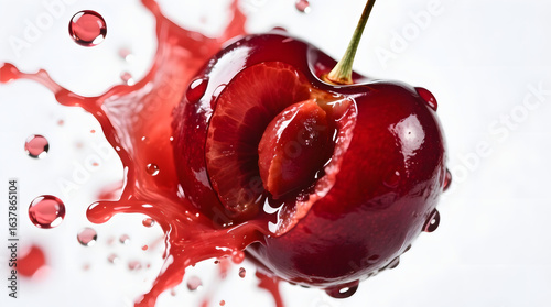 Juicy Red Cherry Splash: Vibrant Macro Photography of Exploding Fruit, Fresh and Delicious.