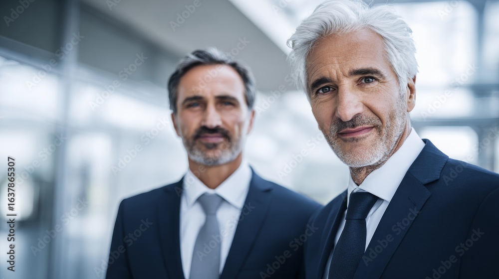 Two professional men in suits stand confidently in a corporate office with glass walls, Two professional men in suits stand confidently in a corporate office with glass walls,