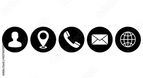 Business contact icon set with various styles. A collection of essential communication symbols including profile, home, location, phone, and mail for web design.