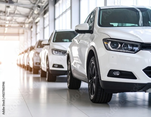 Row Of White Cars In Showroom