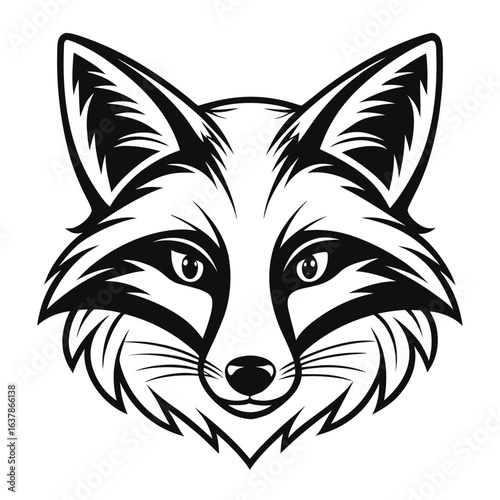 Stylized Fox Head Vector Illustration: Monochrome, Bold Lines, Intense Gaze, Wildlife Design Element, Perfect for Branding, Apparel, and Print Projects.