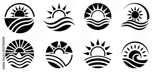Round marine icon set with sharp ray sun over ocean waves for representing seaside tourism, travel destinations, or summer resort branding