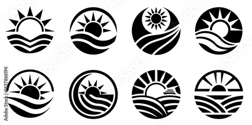 Round marine icon set with sharp ray sun over ocean waves for representing seaside tourism, travel destinations, or summer resort branding