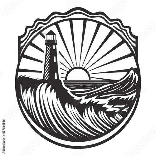 Monochrome lighthouse with light beams in turbulent sea inside oval frame, designed for marine navigation, safety, and nautical emblem projects