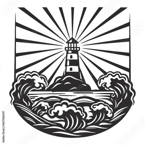 Monochrome lighthouse with light beams in turbulent sea inside oval frame, designed for marine navigation, safety, and nautical emblem projects