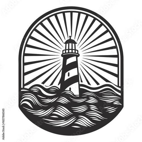 Monochrome lighthouse with light beams in turbulent sea inside oval frame, designed for marine navigation, safety, and nautical emblem projects