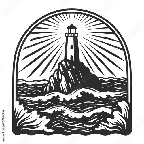 Monochrome lighthouse with light beams in turbulent sea inside oval frame, designed for marine navigation, safety, and nautical emblem projects