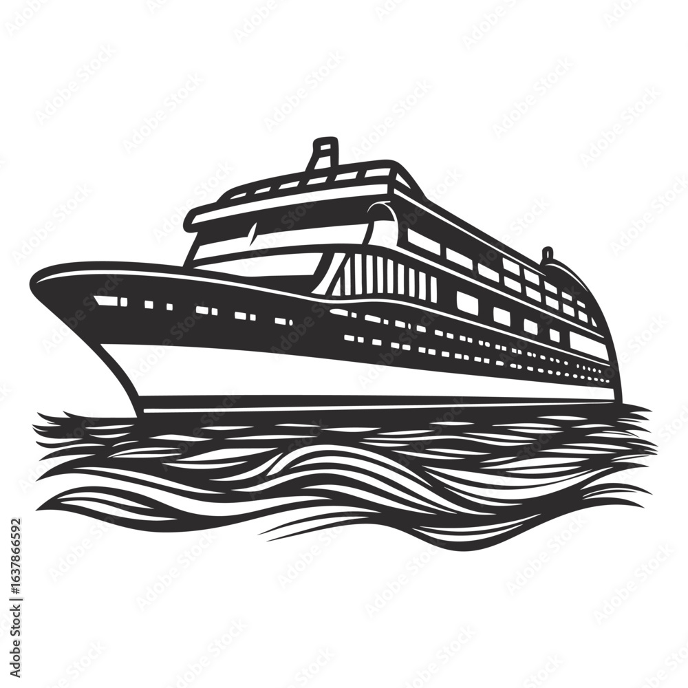 Obraz premium Monochrome large cruise ship sailing through ocean waves, suitable for nautical logo, maritime travel branding, luxury cruise promotion, and coastal tourism marketing