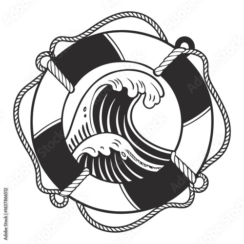 Monochrome lifebuoy with rope encircling stylized ocean wave, perfect for nautical logo, marine safety branding, rescue service design, and coastal tourism promotion