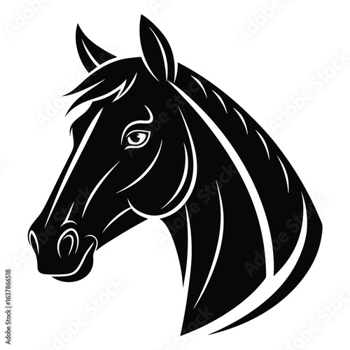 Elegant Black and White Horse Head Profile; Strong, Majestic, and Powerful Graphic Design; Vector Illustration for Branding, Logo, or Equestrian Theme.