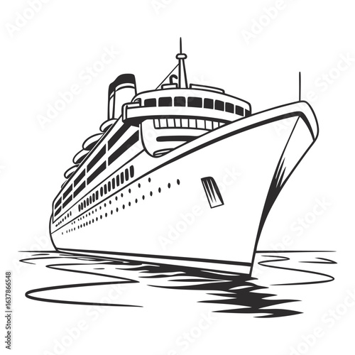 Monochrome cruise ship sailing on calm ocean waves with detailed deck and hull structure, suitable for vintage nautical emblem, marine transport, or luxury travel design themes