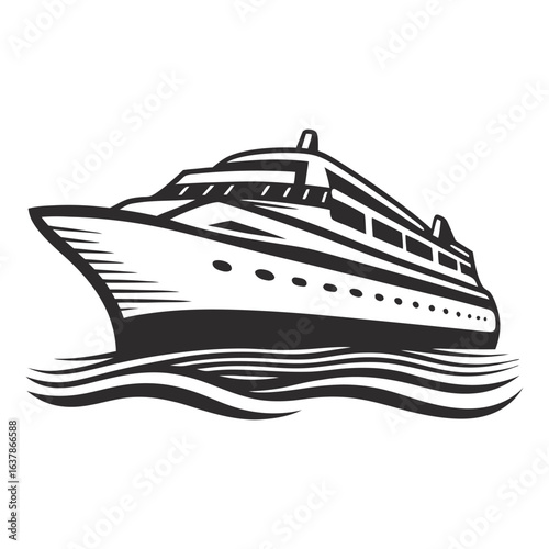 Monochrome cruise ship sailing on calm ocean waves with detailed deck and hull structure, suitable for vintage nautical emblem, marine transport, or luxury travel design themes
