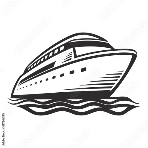 Monochrome cruise ship sailing on calm ocean waves with detailed deck and hull structure, suitable for vintage nautical emblem, marine transport, or luxury travel design themes