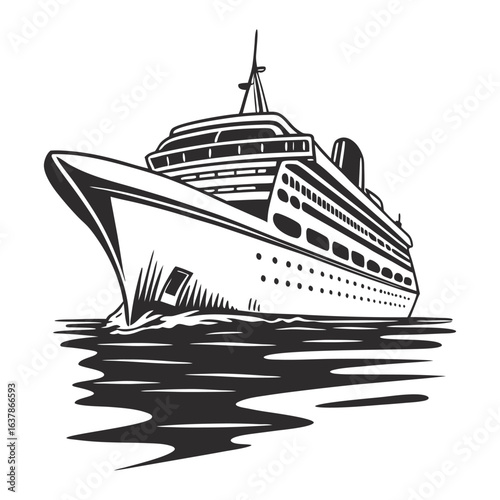 Monochrome cruise ship sailing on calm ocean waves with detailed deck and hull structure, suitable for vintage nautical emblem, marine transport, or luxury travel design themes