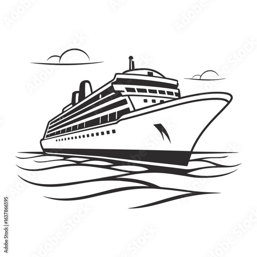 Monochrome cruise ship sailing on calm ocean waves with detailed deck and hull structure, suitable for vintage nautical emblem, marine transport, or luxury travel design themes