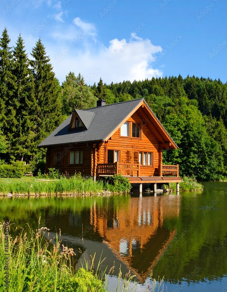 Fototapeta premium Lakeside log cabin nestled amongst lush greenery, reflecting peacefully in the still water