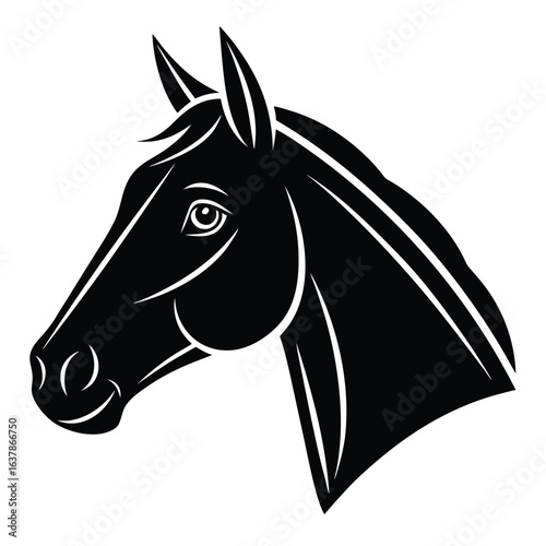Elegant Black Horse Head Profile:  Vector Illustration, Strong, Majestic, and Powerful Graphic Design Element, Perfect for Branding, Equestrian Themes, and Premium Stock Imagery.