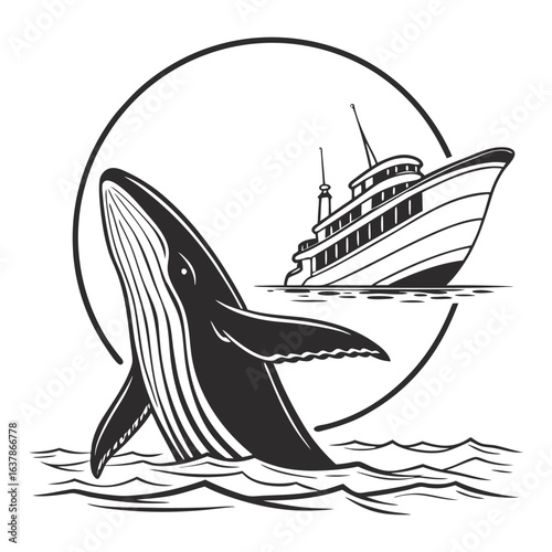 Monochrome whale breaching near cruise ship inside circular backdrop, suitable for vintage nautical emblem, marine wildlife, or travel themed vector design