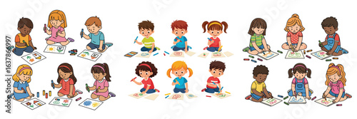 Creative Kids Drawing: Diverse Children Playing and Learning Art