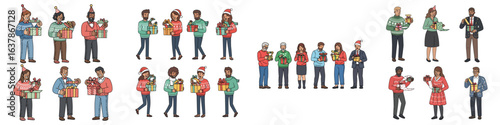 Happy Christmas Givers: Diverse People Holding Holiday Presents